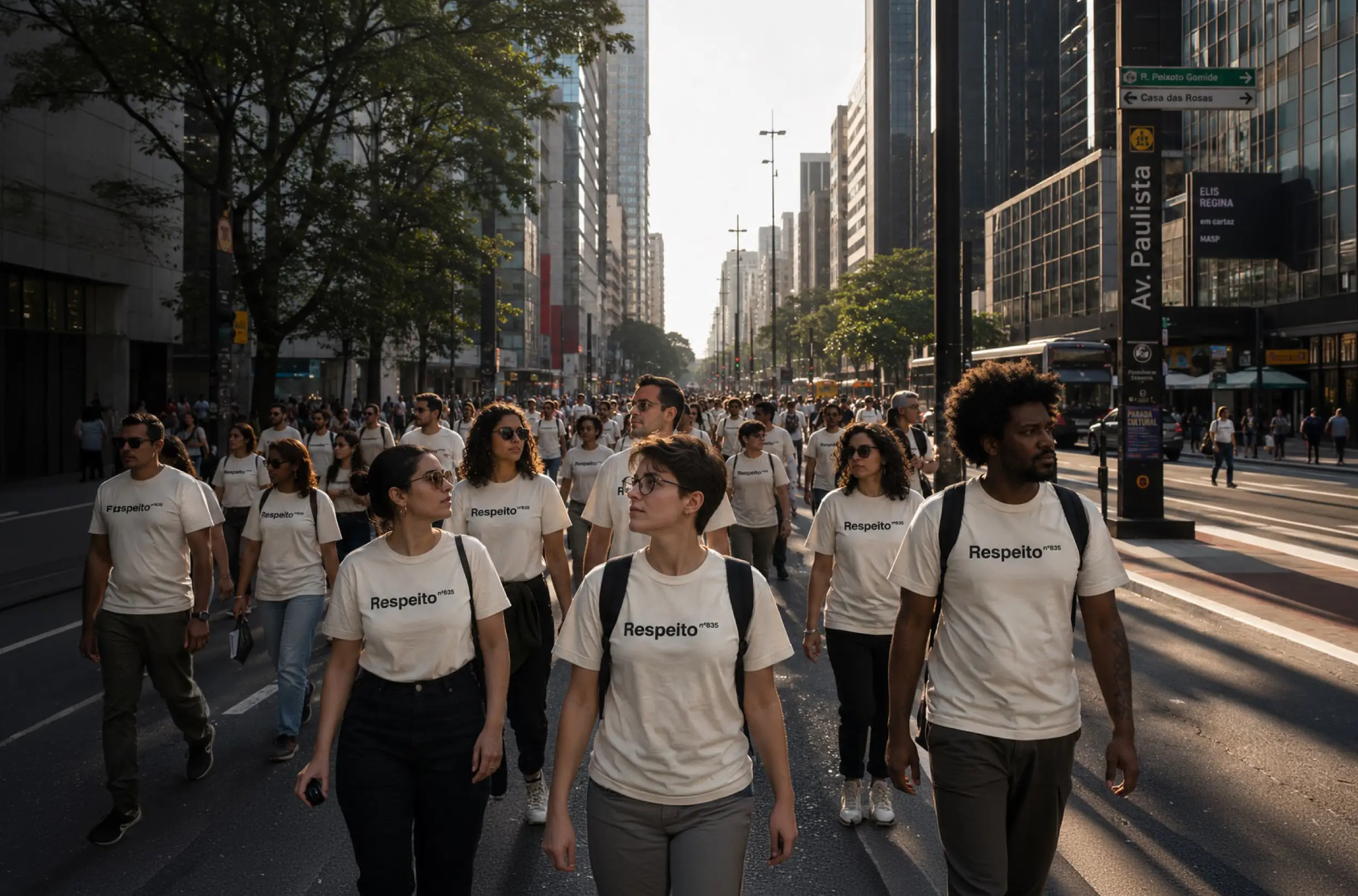 Pessoas vestindo camisetas com a palavra Respeito